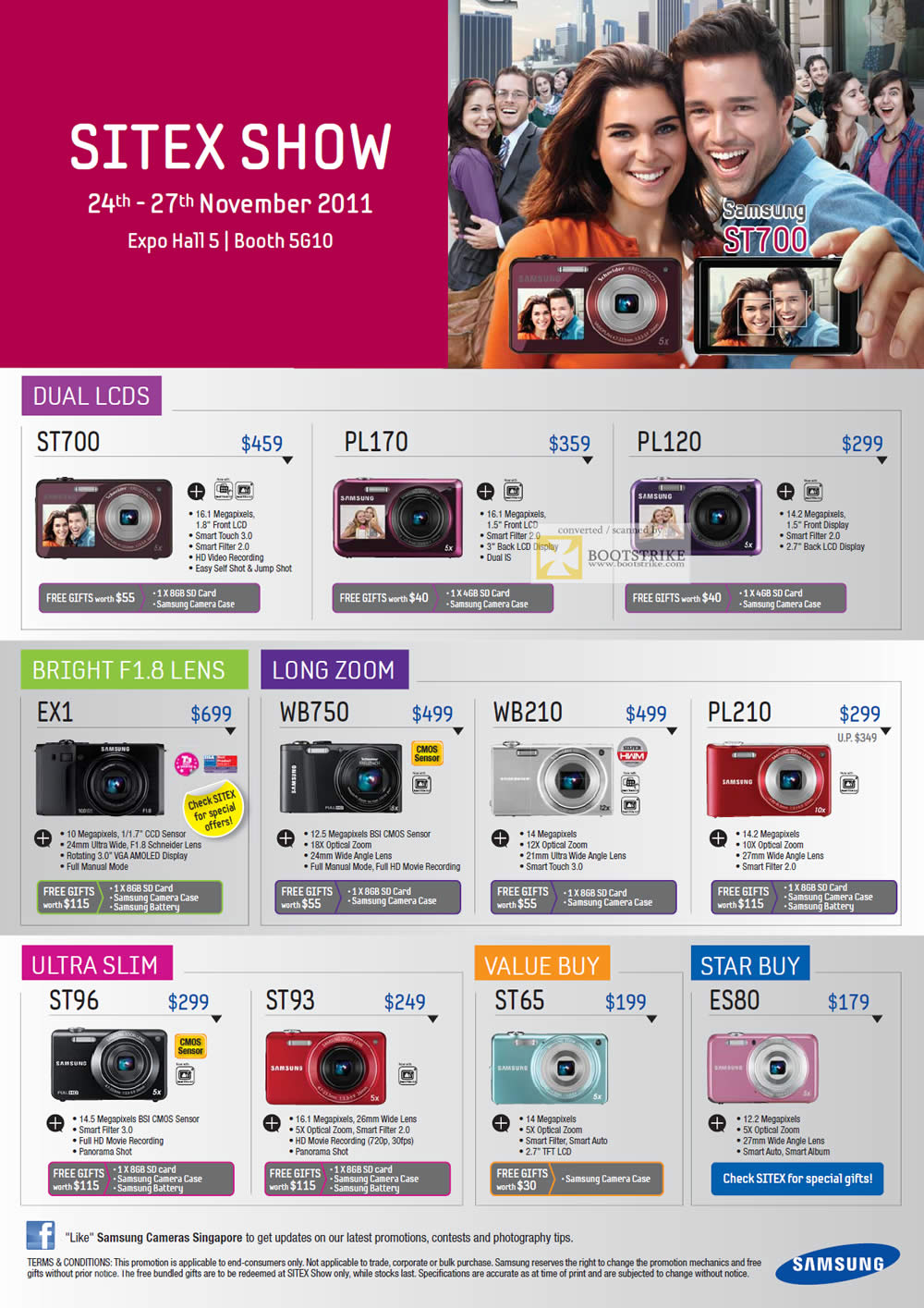 SITEX 2011 price list image brochure of Samsung Digital Cameras ST700, PL170, PL120, EX1, WB750, WB210, PL210, ST96, ST93, ST65, ES80