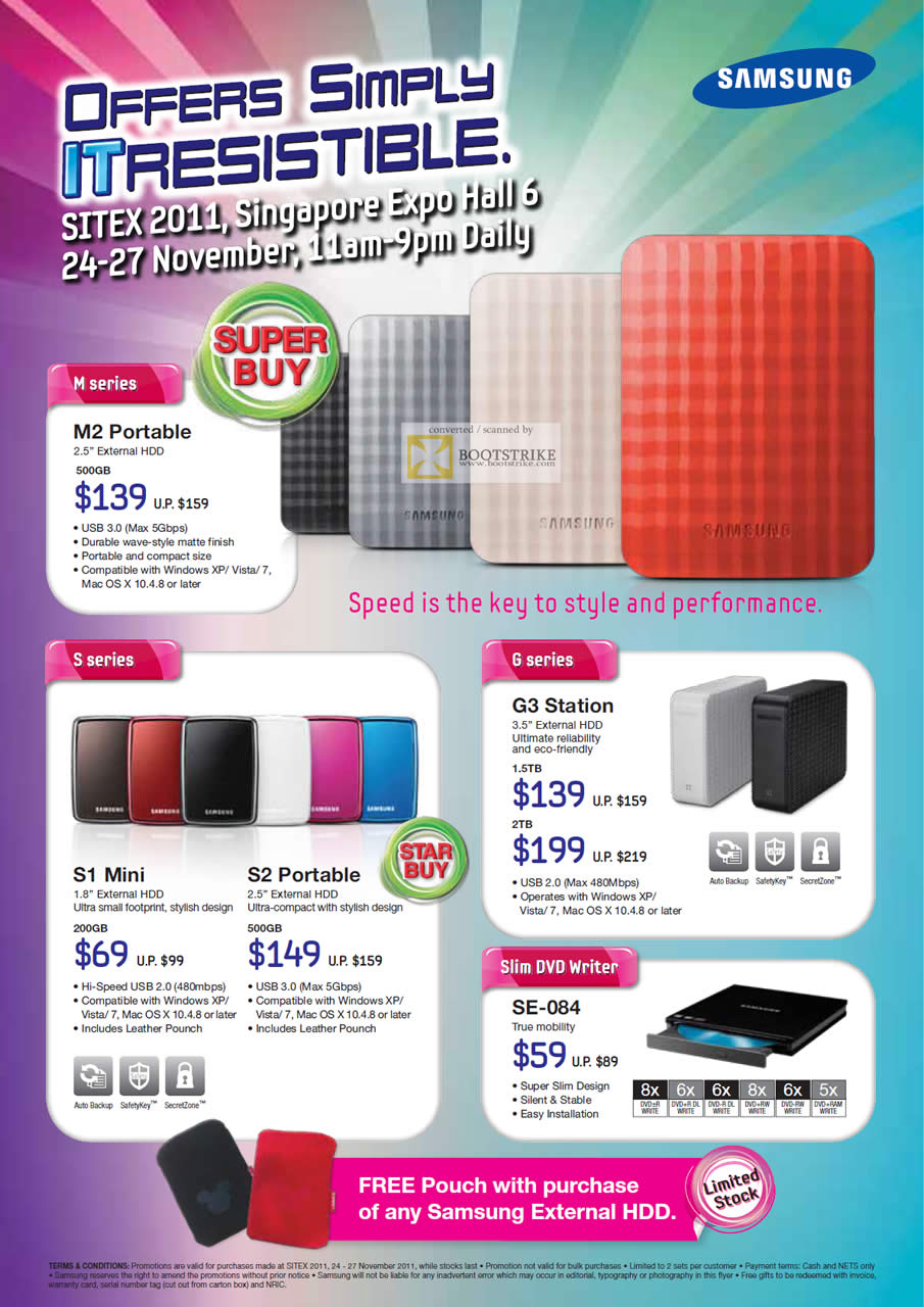 SITEX 2011 price list image brochure of Samsung External Storage M2 Portable, S1 Mini, S2 Portable, G3 Staton, DVD Writer External SE-084