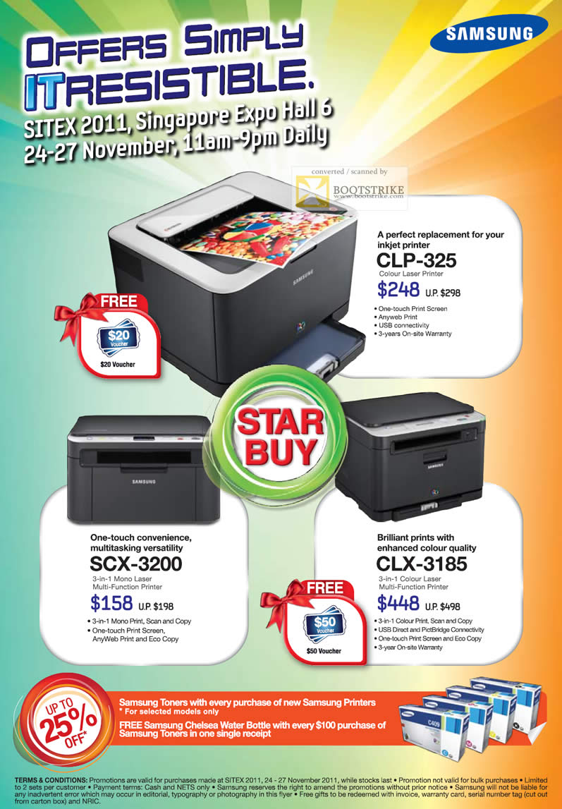 SITEX 2011 price list image brochure of Samsung Laser Printers CLP-325, SCX-3200, CLX-3185