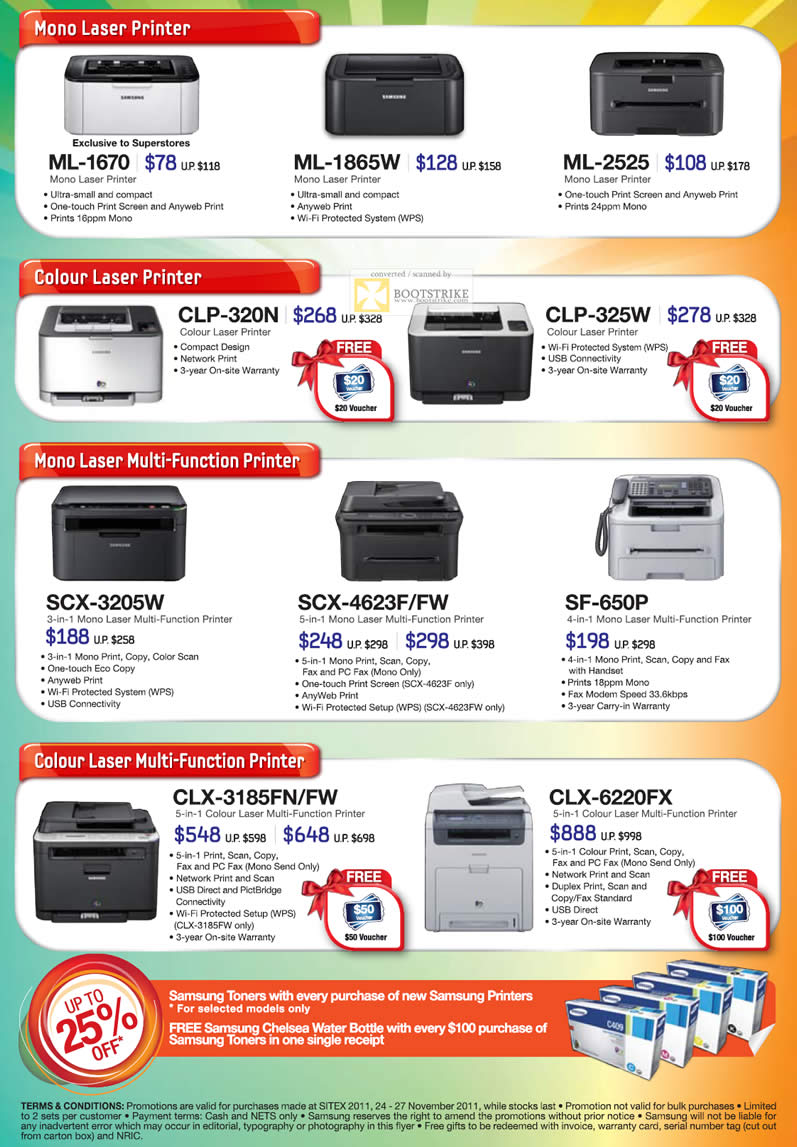 SITEX 2011 price list image brochure of Samsung Laser Printers ML-1670, ML-1865W, ML-2525, CLP-320N, CLP-325W, SCX-3205W, SCX-4623F FW, SF-650P, CLX-3184FN FW, CLX-6220FX