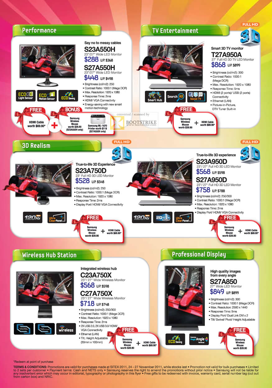 SITEX 2011 price list image brochure of Samsung Monitors LED S23A550H, 3D S27A550H, T27A950A, S23A750D, S23A950D, S27A950D, Wireless Hub Station C23A750X, C27A750X, S27A850