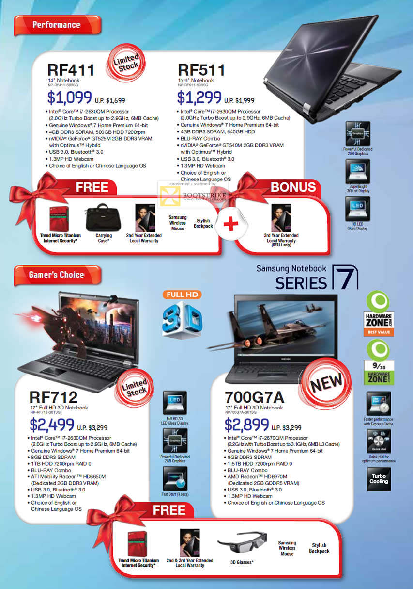 SITEX 2011 price list image brochure of Samsung Notebooks NP-RF411-S03SG, NP-RF511-S03SG, NP-RF712-S01SG, 700G7A NP700G7A-S01SG