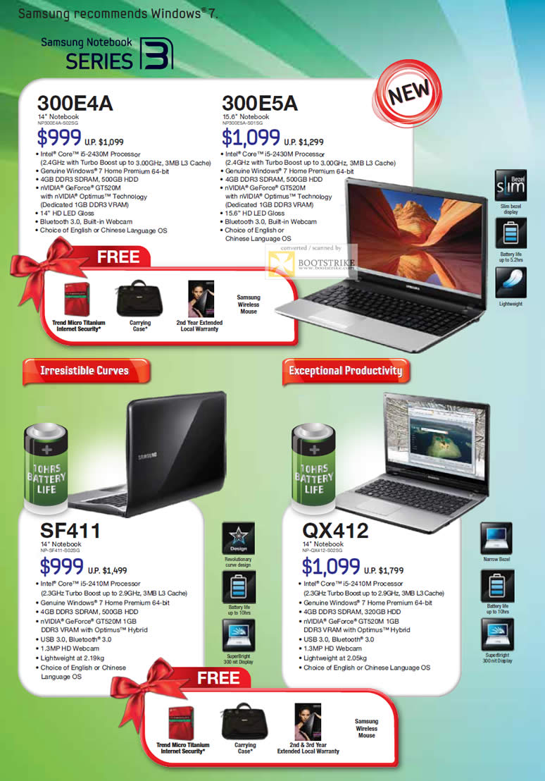 SITEX 2011 price list image brochure of Samsung Notebooks Series 3 300E4A NP300E4A-S02SG, NP300E5A-S01SG, NP-SF411-S02SG, NP-QX412-S02SG