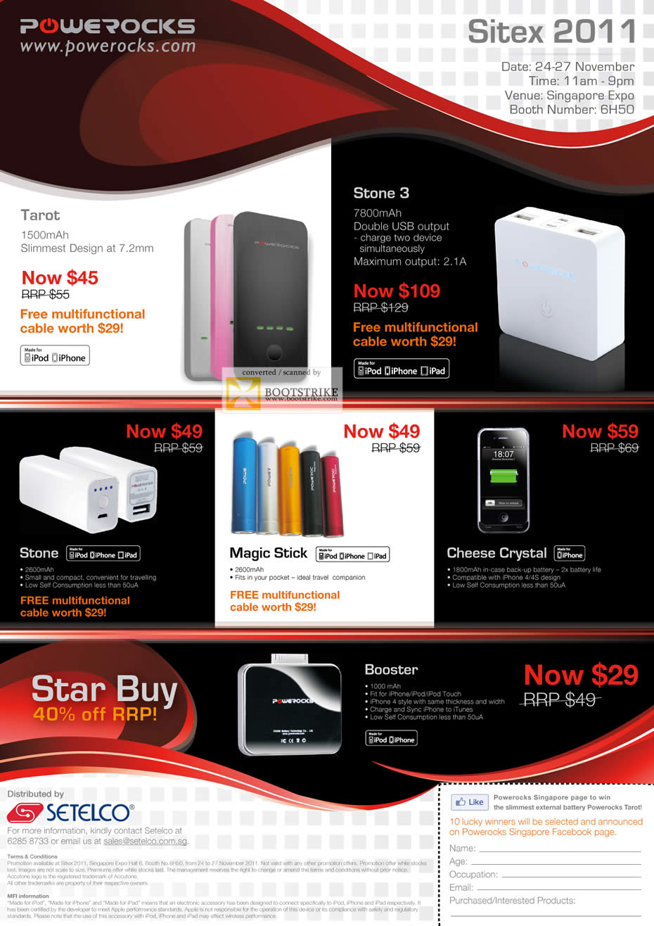 SITEX 2011 price list image brochure of Setelco Powerocks Tarot Portable Charger, Stone 3, Stone, Magic Stick, Cheese Crystal, Booster