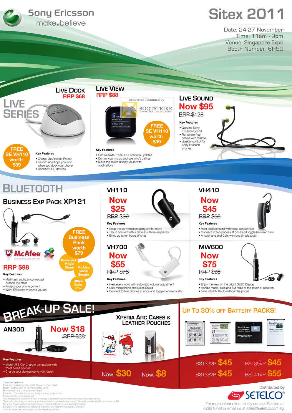 SITEX 2011 price list image brochure of Setelco Sony Ericsson Docking Station, Live Dock, Live View, Live Sound Earphones, Bluetooth Exp Pack XP121, VH110, VH700, VH410, MW600, AN300, Battery Pack, Case, Pouch