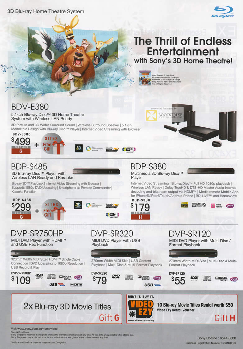 SITEX 2011 price list image brochure of Sony Blu-Ray Home Theatre System BDV-E380, BDP-S485, BDP-S380, Midi DVD Player DVP-SR750HP, DVP-SR320, DVP-SR120