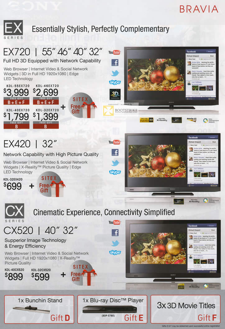 SITEX 2011 price list image brochure of Sony TV EX Series KDL-55EX720, KDL-46EX720, KDL-40EX720, KDL-32EX720, KDL-32EX420, KDL-40CX520, CX Series KDL-32CX520