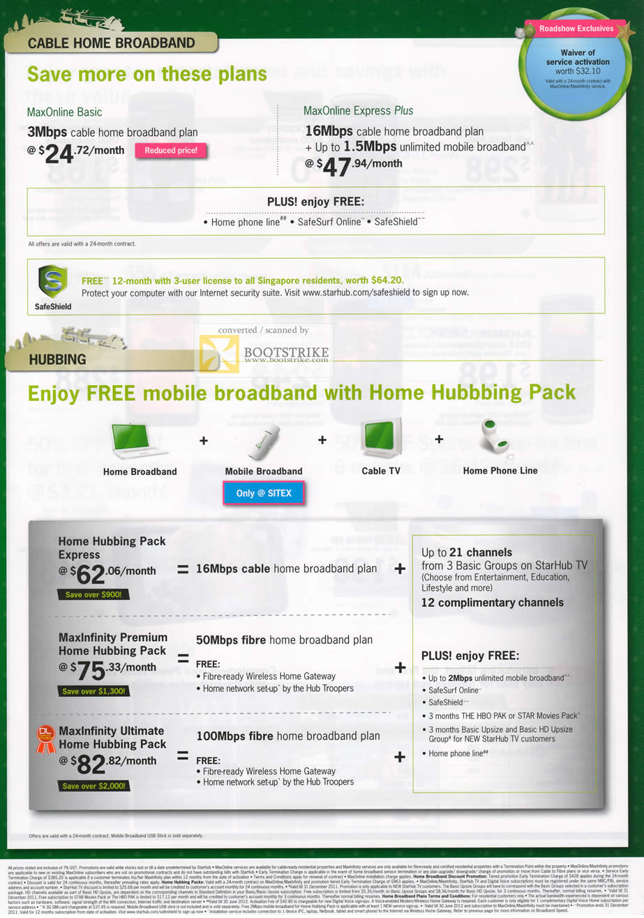 SITEX 2011 price list image brochure of Starhub Cable Home Broadband MaxOnline Basic, Online Express Plus, Hubbing Pack, MaxInfinity Premium, MaxInfinity Ultimate Home Hubbing Pack