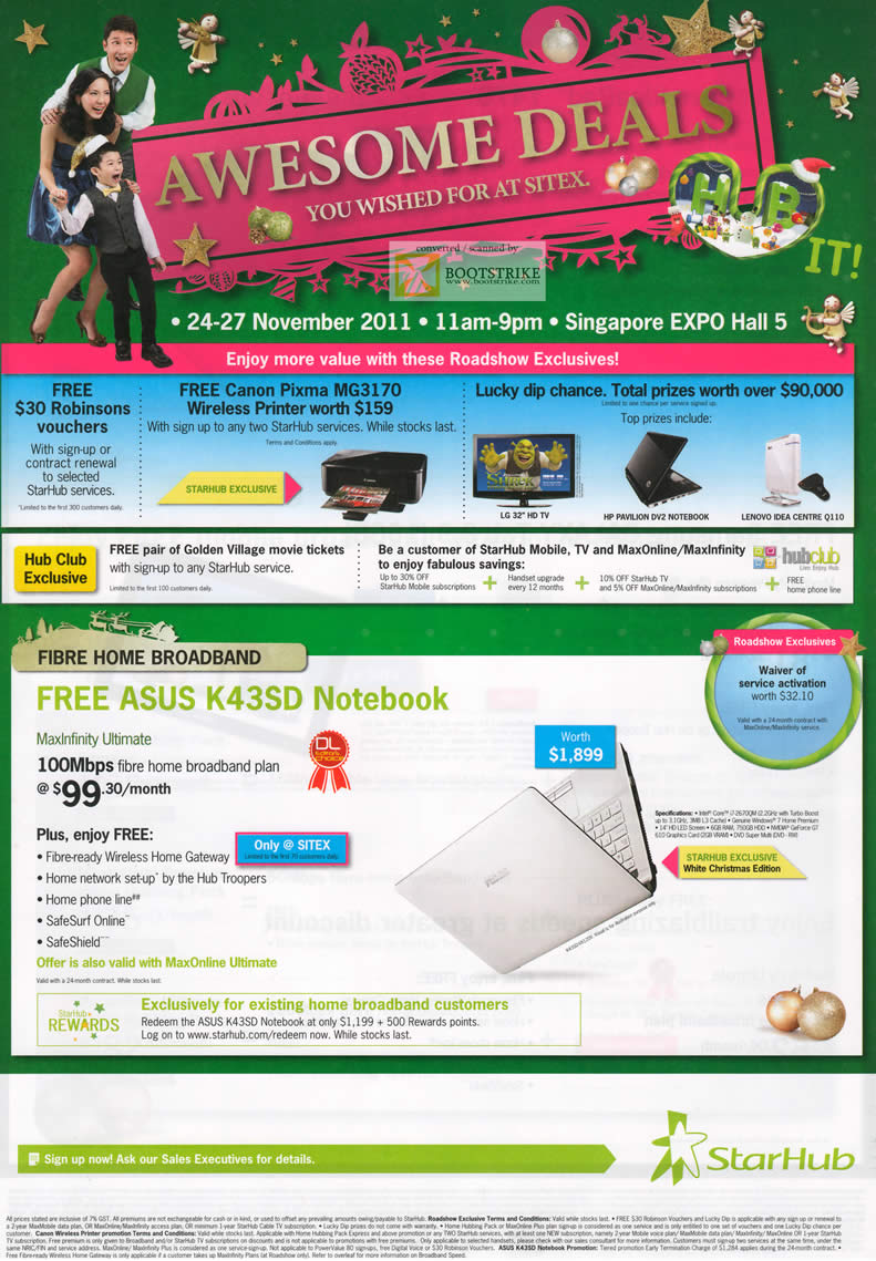 SITEX 2011 price list image brochure of Starhub Roadshow Exclusives, Fibre Home Broadband Free ASUS K43SD Notebook White Christmas Edition, MaxOnline Ultimate