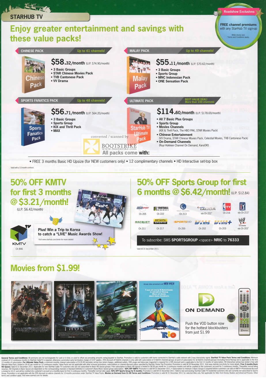 SITEX 2011 price list image brochure of Starhub TV Chinese Pack, Sports Fanatics, Malay, Ultimate Pack, KMTV, Sports Group, Movies