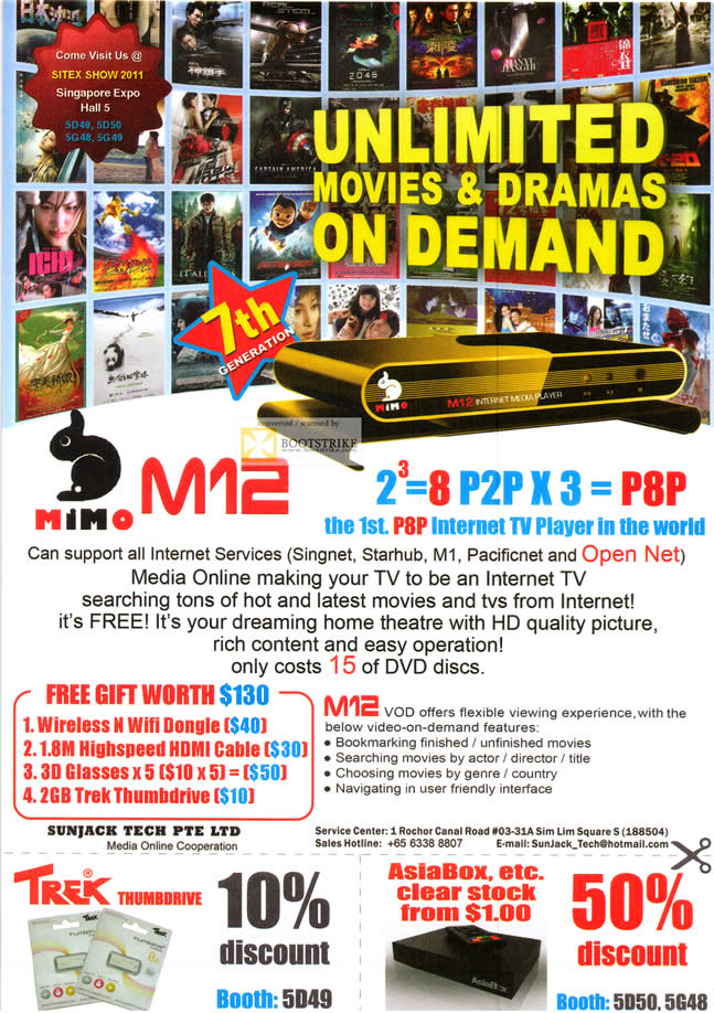 SITEX 2011 price list image brochure of Sunjack Tech Mimi M12 Internet TV Media Player, Trek Flash Drive, AsiaBox