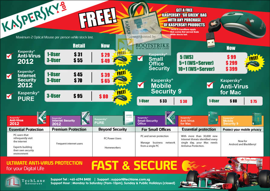 SITEX 2011 price list image brochure of TechLane Kaspersky Anti-Virus 2012, Internet Security 2012, PURE, Small Office Security, Mobile Security 9, Anti-Virus For Mac
