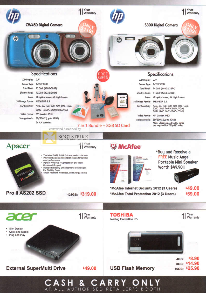 SITEX 2011 price list image brochure of Various HP CW450 Digital Camera, HP S300, Apacer, Mcafee, Acer External DVD Optical Drive, Toshiba Flash Memory
