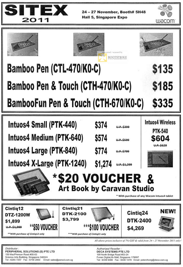 SITEX 2011 price list image brochure of Wacom Bamboo Pen Touch BambooFun CTL-470 K0-C, CTH-470 K0-C, CTH-670 K0-C, Intuos 4 PTK-440, PTK-640, PTK-840, PTK-1240, PTK-540, Cintiq12 DTZ-1200W, Cintiq21 2100, Cintiq24 2400