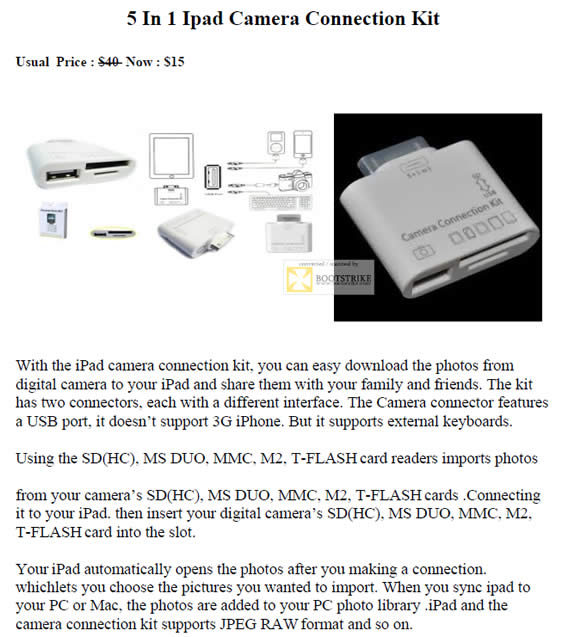 SITEX 2011 price list image brochure of Worldwide Computer 5 In 1 IPad Camera Connection Kit