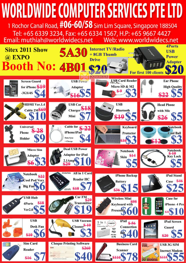 SITEX 2011 price list image brochure of Worldwide Computer Accessories USB, HDMI, Keyboard Protector, Cool Ball, Micro Sim, Vacuum Cleaner, Case, Hub, Battery, Skin, HSDPA Modem, FM Radio, Skin, Fan