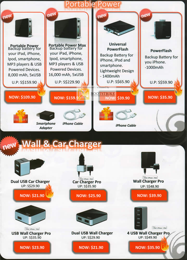 SITEX 2011 price list image brochure of ISound Portable Power Backup Battery, Power Max, Universal PowerFlash, Car Charger, Pro, Wall Charger, Dual USB Wall Charger