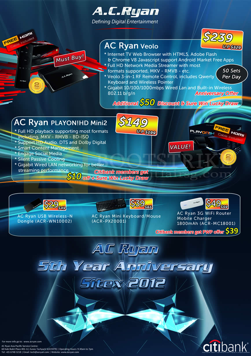 SITEX 2012 price list image brochure of AC Ryan Media Players Veolo, PlayOn HD Mini2, USB Wireless N Dongle ACR WN10002, Keyboard Mouse PX20001, Wifi Router Mobile Charger MC18001