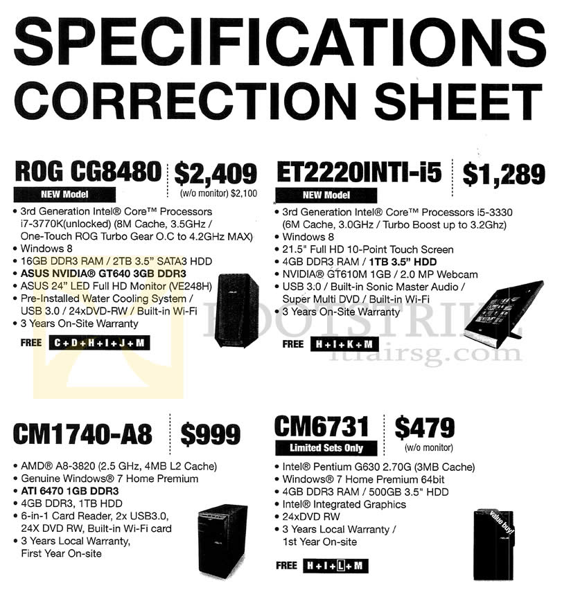 SITEX 2012 price list image brochure of ASUS Desktop PC Specifications Correction ROG CG8480, ET2220INTI, CM1740-A8, CM6731