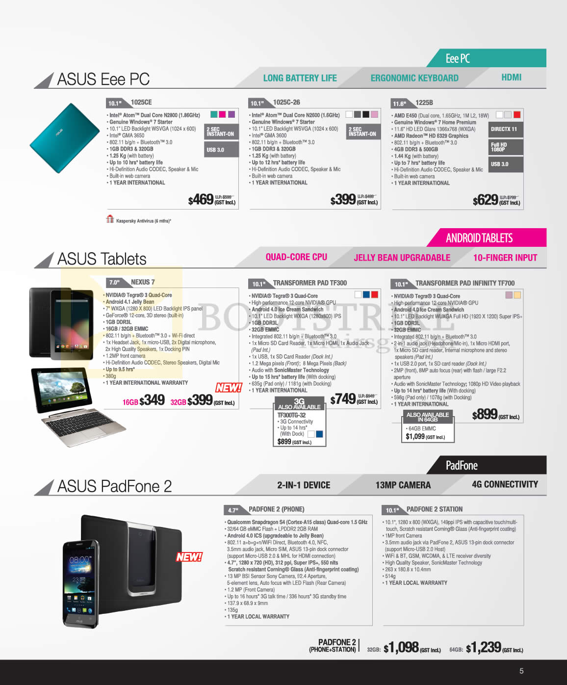 SITEX 2012 price list image brochure of ASUS Eee Pc 1025ce 1025c-26 1225b, Tablets Nexus 7, Transformer Pad Tf300, Infinity Tf700, Padfone 2 Phone, Station