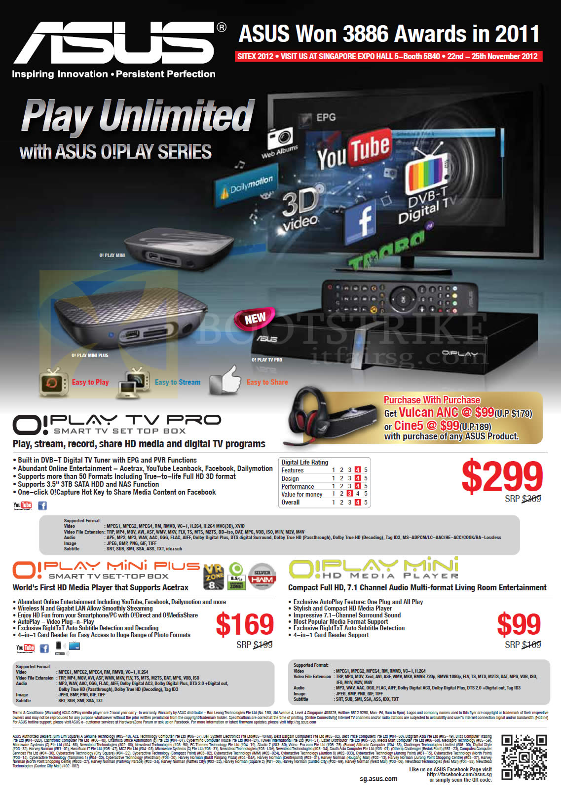 SITEX 2012 price list image brochure of ASUS Media Players O Play TV Pro Smart TV Settop Box, O Play Mini Plus, O Play HD Media Player