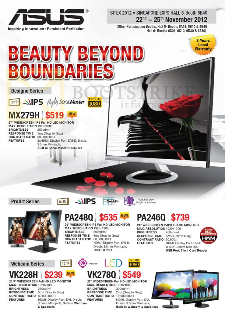 SITEX 2012 price list image brochure of ASUS Monitors LED Designo Series MX279H, ProArt PA248Q, PA246Q, Webcam VK228H, VK278Q