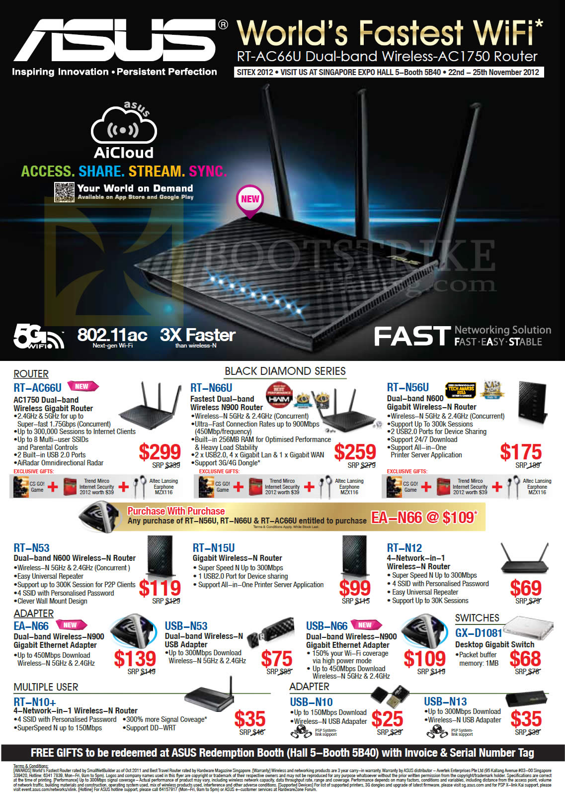 SITEX 2012 price list image brochure of ASUS Networking Wireless Router RT AC66U, N66U, N56U, N53, N15U, N12, N10, USB Adapter N10, N13