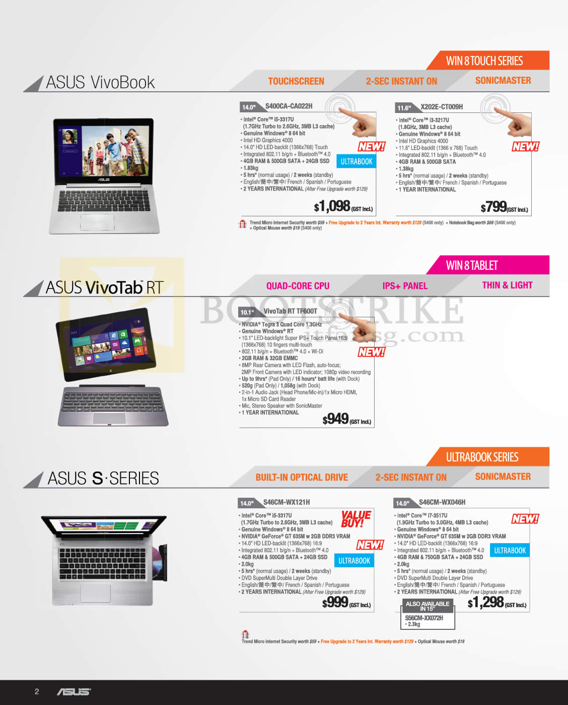 SITEX 2012 price list image brochure of ASUS Notebooks VivoBook, S400CA-CA022H, X202E-CT009H, RT TF600T, S46CM-WX121H, S46CM-WX046H