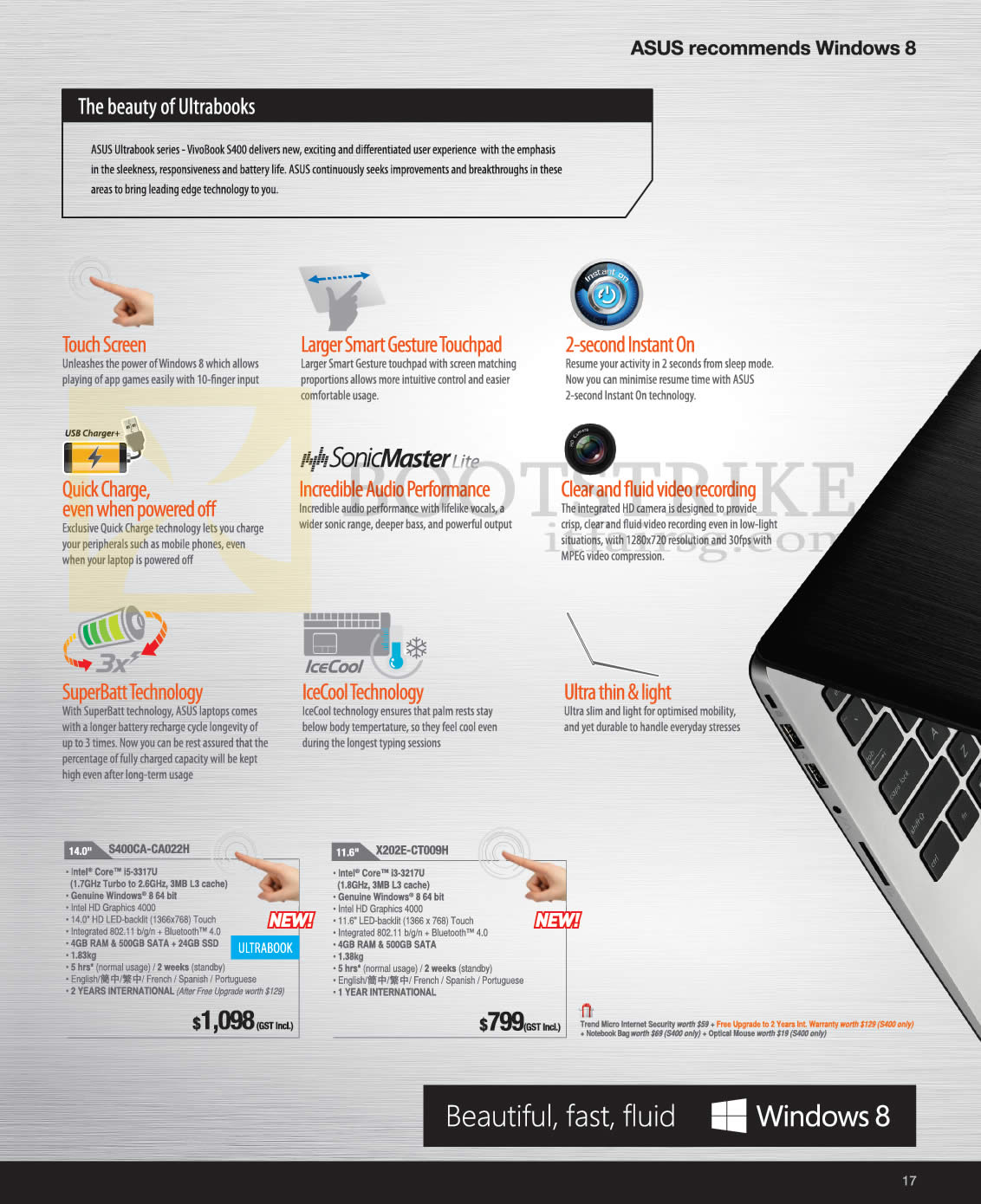 SITEX 2012 price list image brochure of ASUS Notebooks Vivobook S400 Ultrabook Features