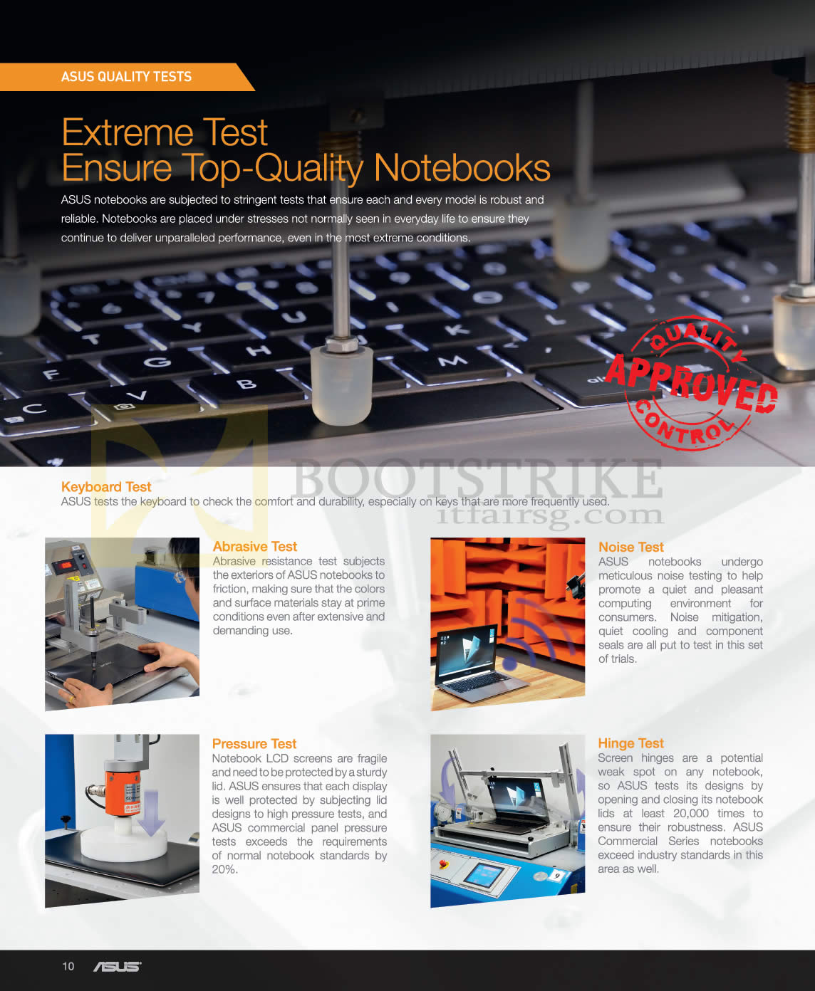 SITEX 2012 price list image brochure of ASUS Quality Tests, Keyboard, Abrasive, Noise, Pressure, Hinge