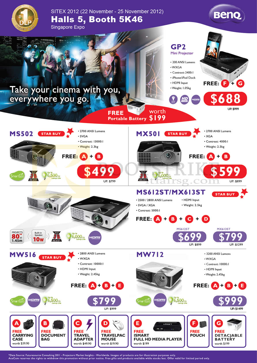 SITEX 2012 price list image brochure of Acecom Benq Projectors GP2 Mini, MS502, MX501, MS612ST, MX613ST, MW516, MW712
