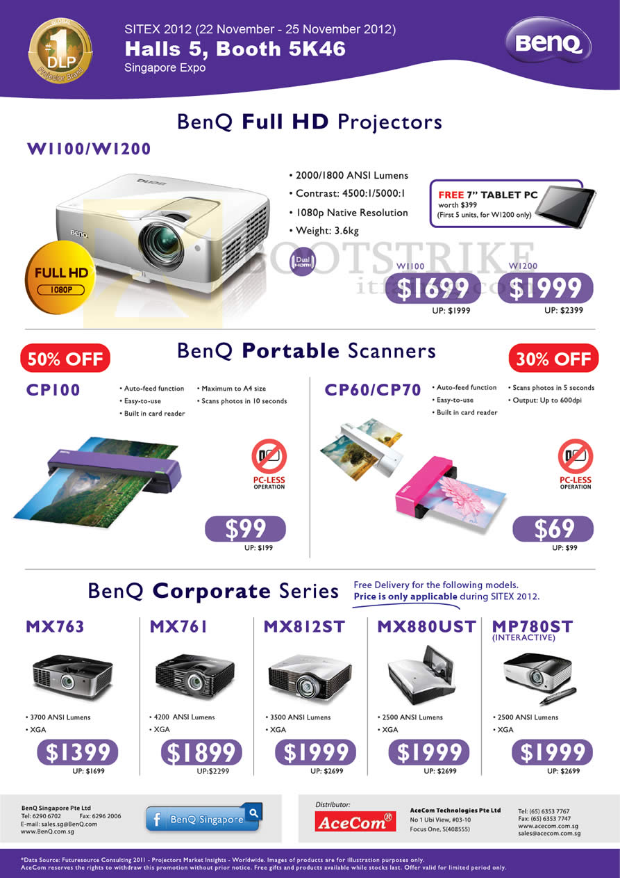 SITEX 2012 price list image brochure of Acecom Benq Projectors W1100 W1200, CP100, Scanners CP60 CP70, MX763, MX761, MX812ST, MX880UST, MP780ST