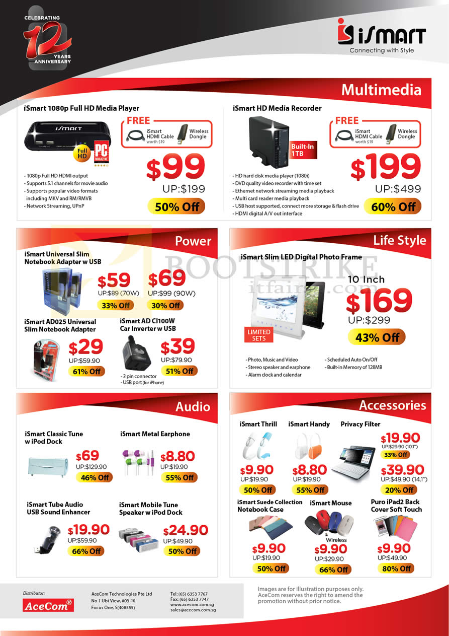 SITEX 2012 price list image brochure of Acecom ISmart Media Player, Media Recorder, Notebook Adapter, LED Digital Photo Frame, Earphone, Accessories, Ipad Case, Mouse