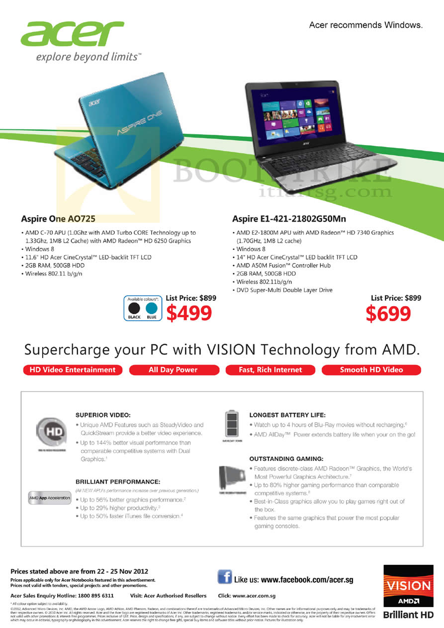 SITEX 2012 price list image brochure of Acer Notebooks AMD Aspire One AO725, Aspire E1-421-21802G50Mn