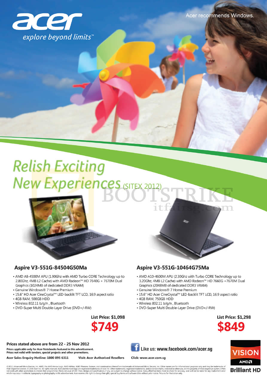 SITEX 2012 price list image brochure of Acer Notebooks AMD Aspire V3-551G-84504G50Ma, V3-551G-10464G75Ma