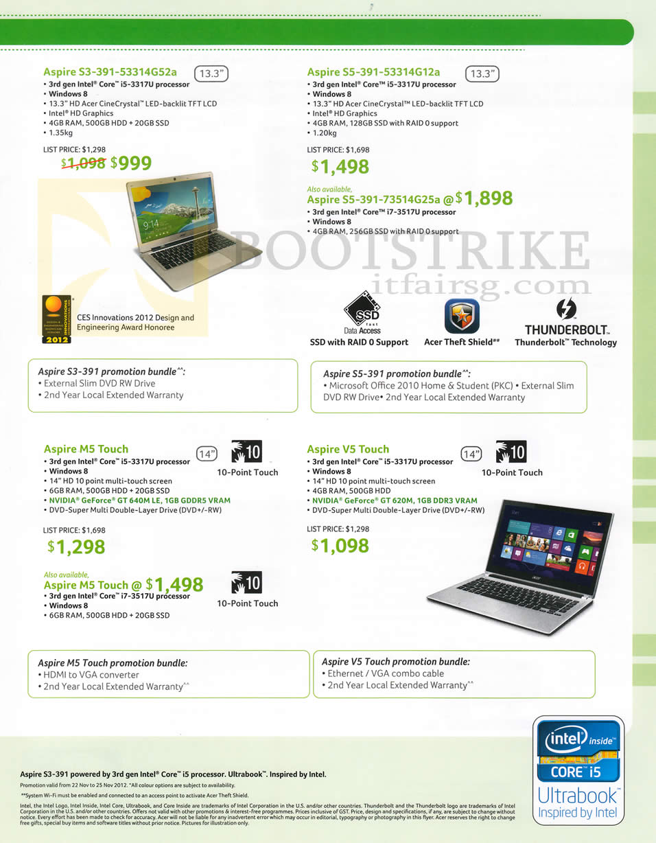 SITEX 2012 price list image brochure of Acer Notebooks Aspire S3-391-53314G52a, S5-391-53314G12a, Aspire M5 Touch, V5 Touch