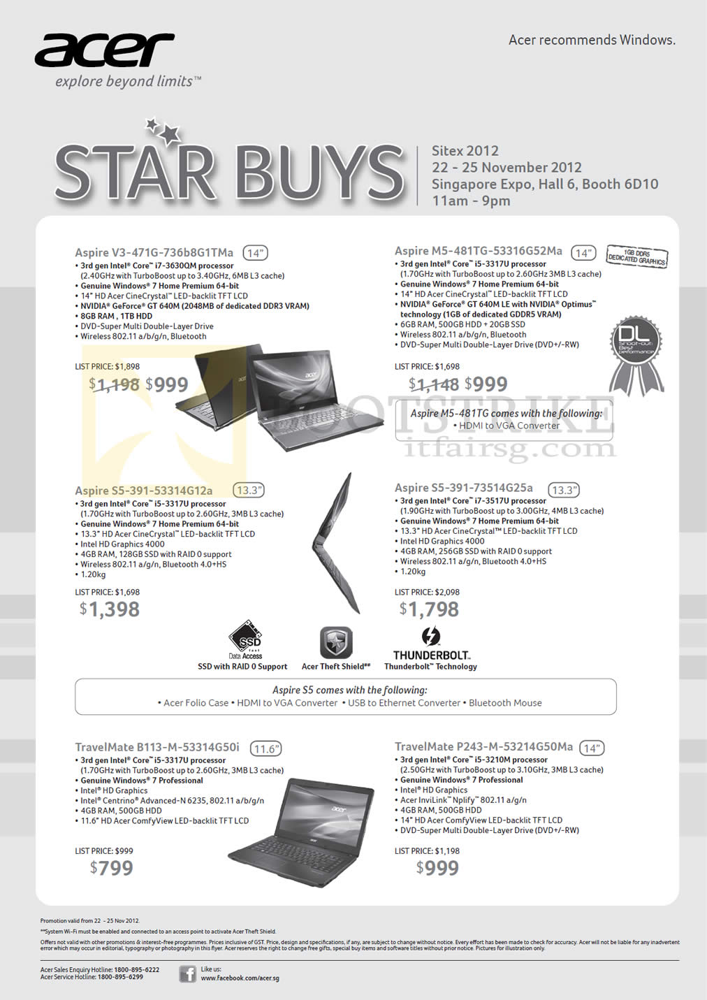 SITEX 2012 price list image brochure of Acer Notebooks Aspire V3-471G-736b8G1TMa, M5-481TG-53316G52Ma, S5-391-53314G12a, S5-391-73514G25a, TravelMate B113-M-53314G50i, P243-M-53214G50Ma