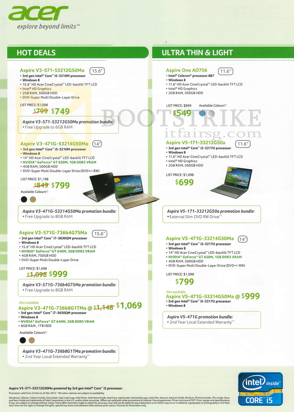 SITEX 2012 price list image brochure of Acer Notebooks Aspire V3-571-53212G50Ma, V3-471G-53214G50Ma, One AO756, V5-171-33212G50A, V5-471G-53314G50Ma, V3-571G-736b4G75Ma, V5-471G-53314G50Ma