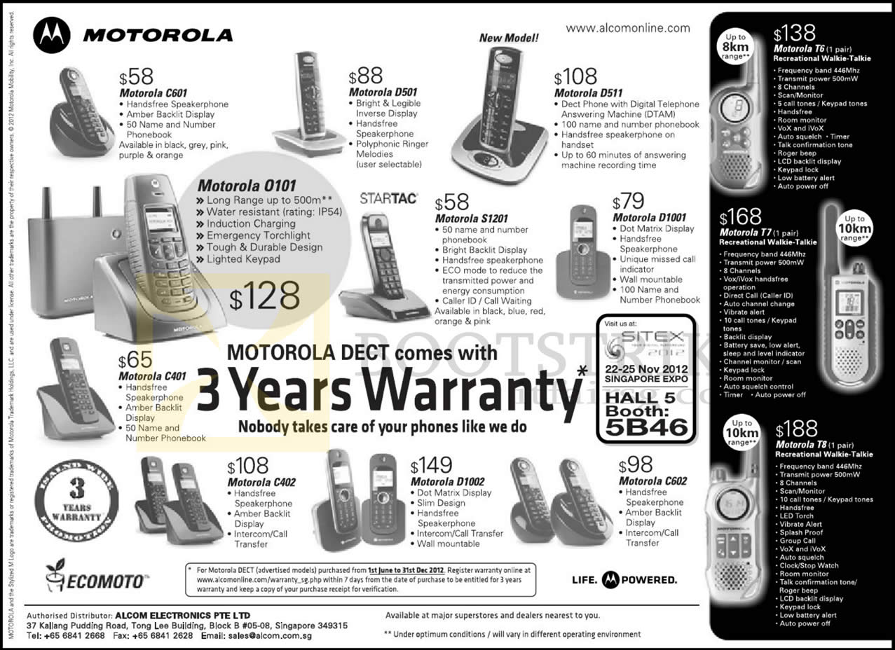 SITEX 2012 price list image brochure of Alcom Motorola Dect Phones C601, D501, 0101, S1201, C401, C402, D1002, C602, D1001, D511