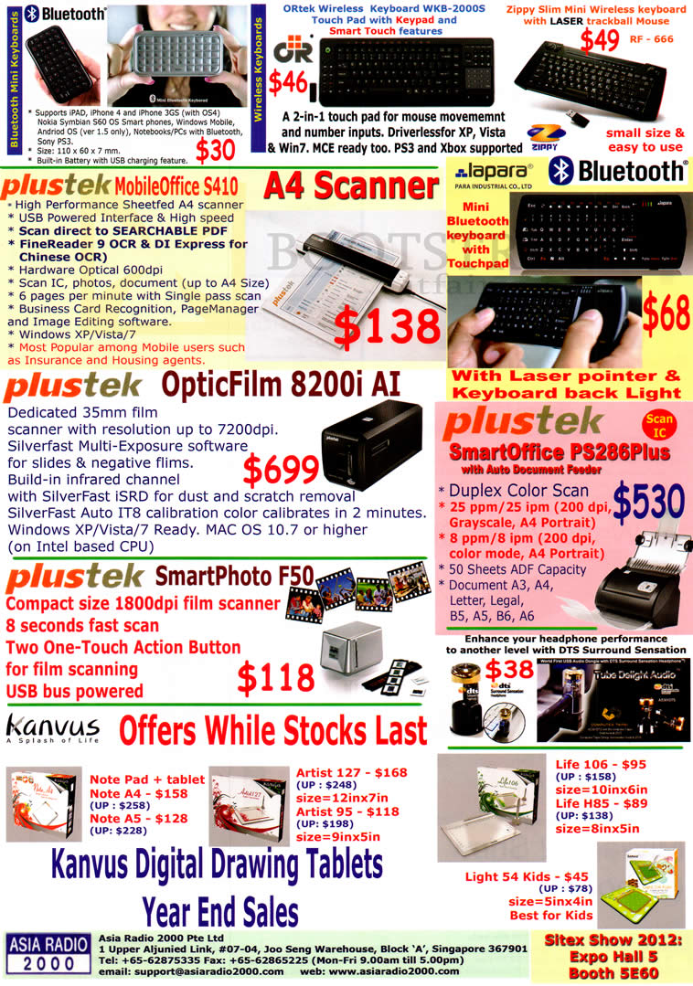 SITEX 2012 price list image brochure of Asia Radio Scanners Plustek MobileOffice S410, OpticFilm 8200i AI, SmartPhoto F50, SmartOffice PS286Plus, Keyboard, Kanvus Digital Drawing Tablets
