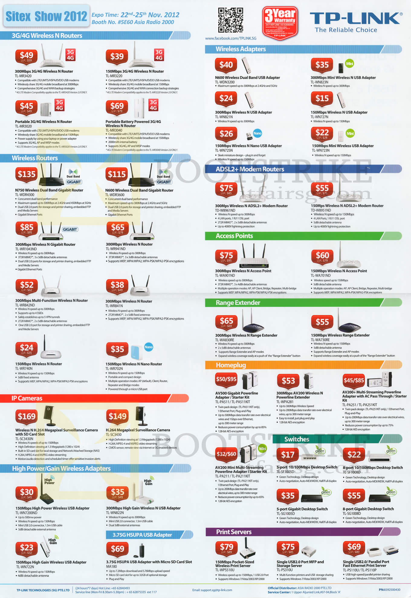 SITEX 2012 price list image brochure of Asia Radio TP-Link Networking Wireless Routers, 3G 4G, USB Adapters, ADSL Modem, Access Points, Range Extender, IPCam, HomePlug, Switches, Print Server