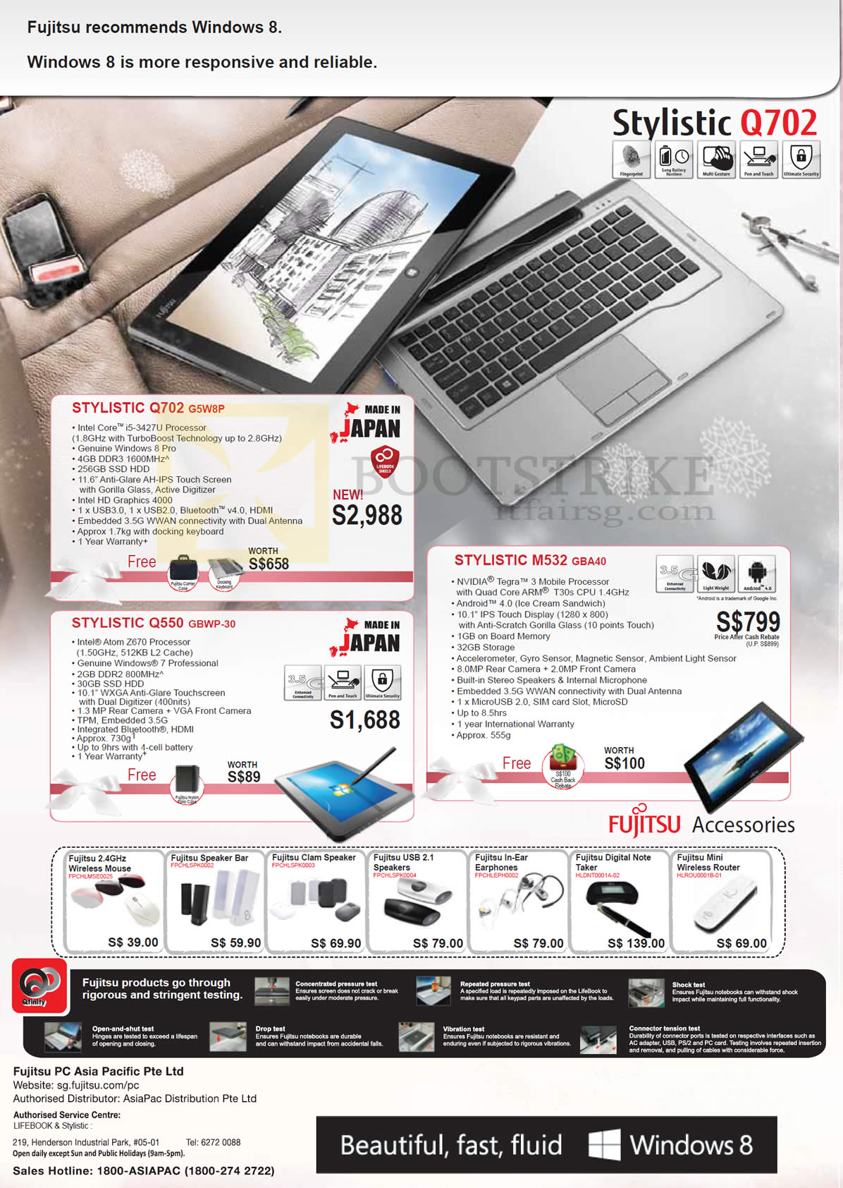 SITEX 2012 price list image brochure of Asiapac Fujitsu Tablets Stylistic Q702 G5W8P, Q550 GBWP-30, M532 GBA40, Accessories Mouse, Sepaker, Earphones, Router