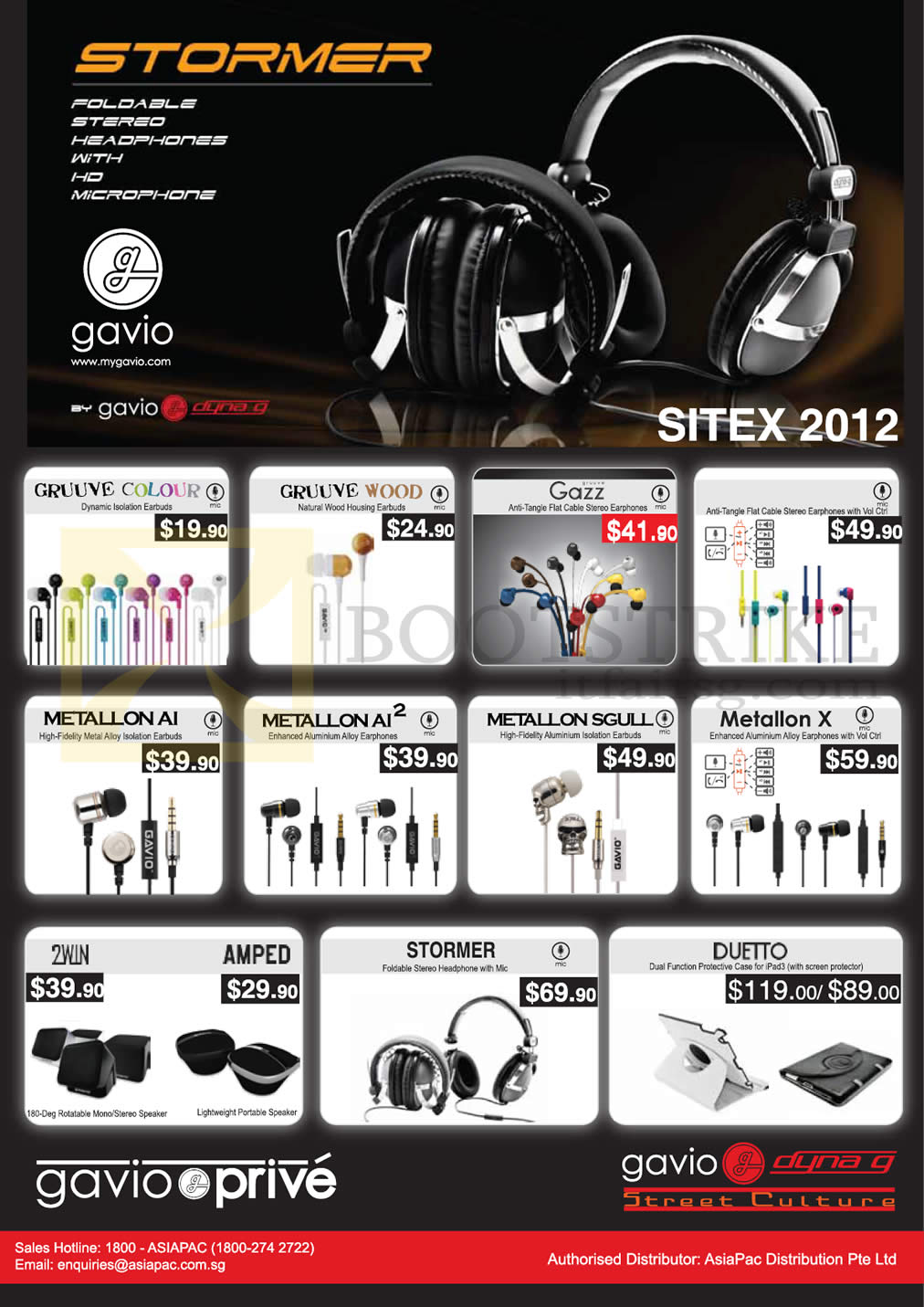 SITEX 2012 price list image brochure of Asiapac Gavio Headphones Gruuve Colour, Wood, Gazz Earphones, Metallon Ai, 2, Sgull, X, 2Win Speakers, Amped, Stormer, Duetto IPad 3 Case