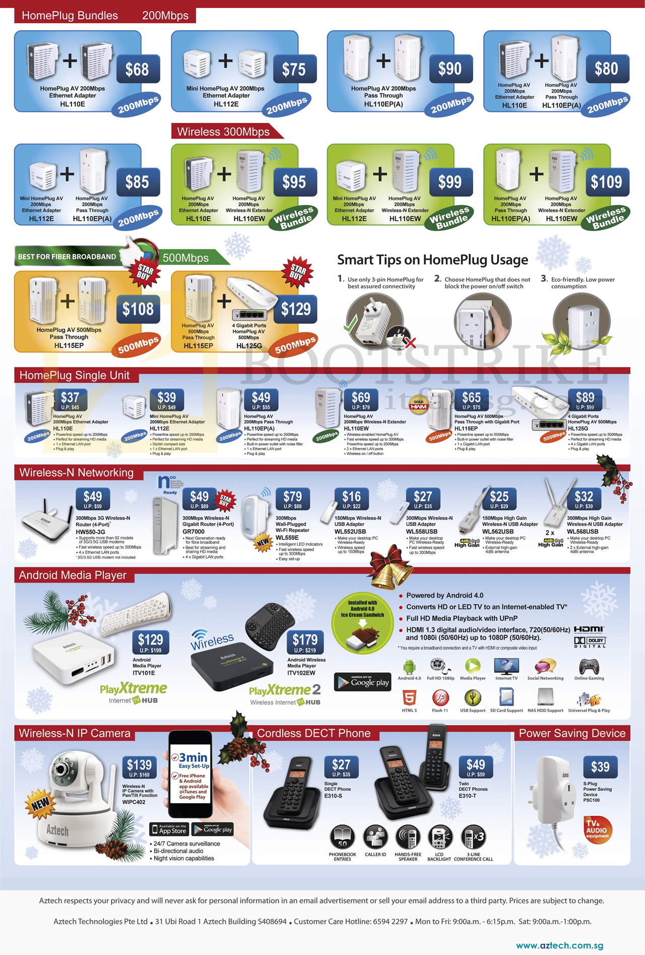 SITEX 2012 price list image brochure of Aztech Networking HomePlug Bundles, Wireless Router, USB Adapter, Android Media Player PlayXtreme 2, IPCam WIPC402, Dect Phone