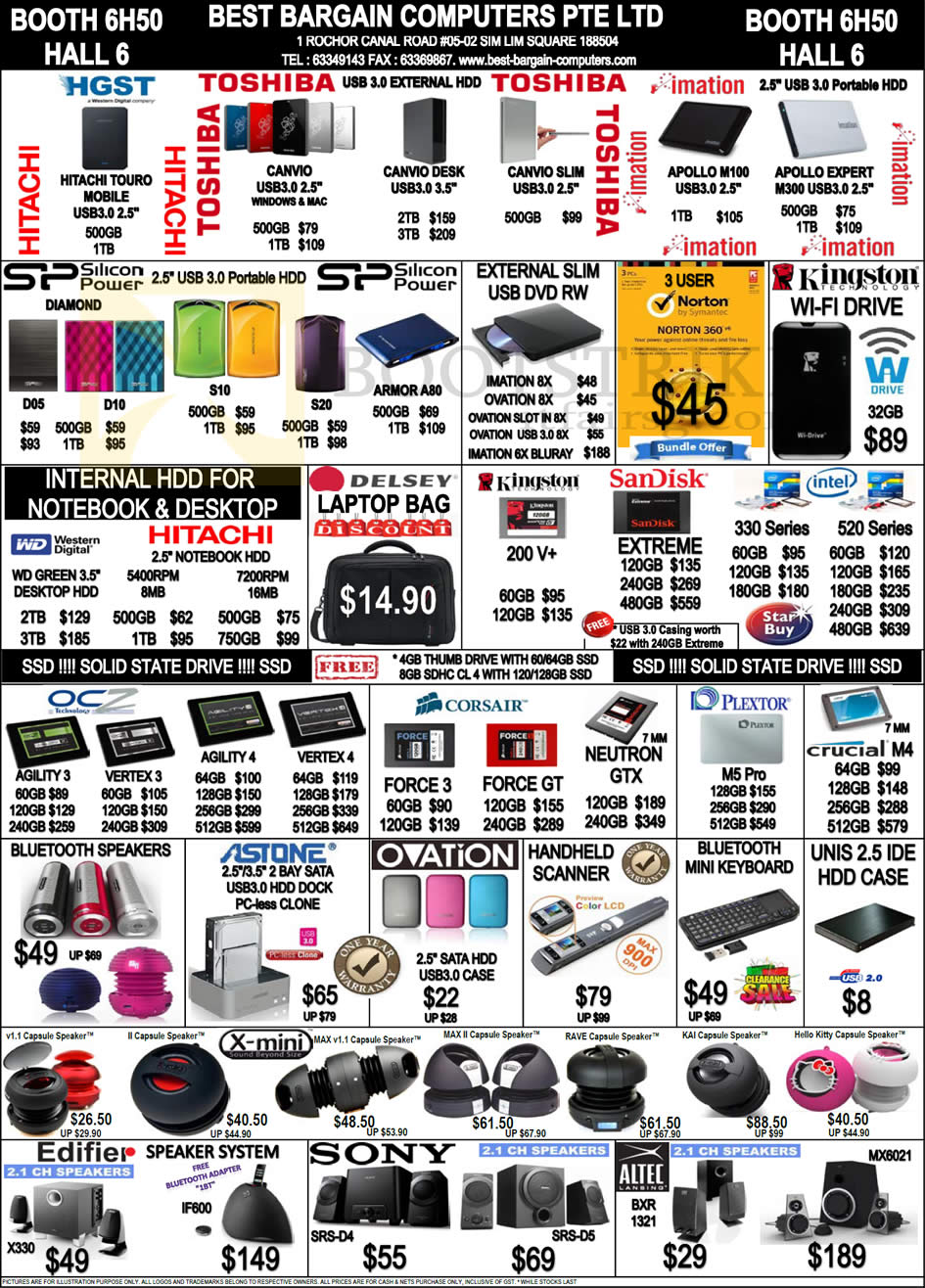 SITEX 2012 price list image brochure of Best Bargain External Storage Hitachi Toshia Imation SP, External Optical Drive, Norton, Internal Hard Disk, SSD OCZ Sandisk Corsair Crucial Plextor, Accessories, X-Mini, Speakers