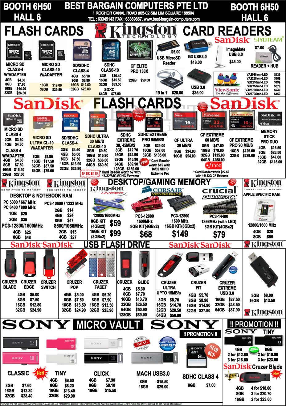 SITEX 2012 price list image brochure of Best Bargain Flash Memory Cards MicroSD, Card Readers, SDHC, Compact Flash CF, RAM DDR3 Apple, USB Cruzer Blade Edge Switch Extreme, Sony Tiny Micro Vault