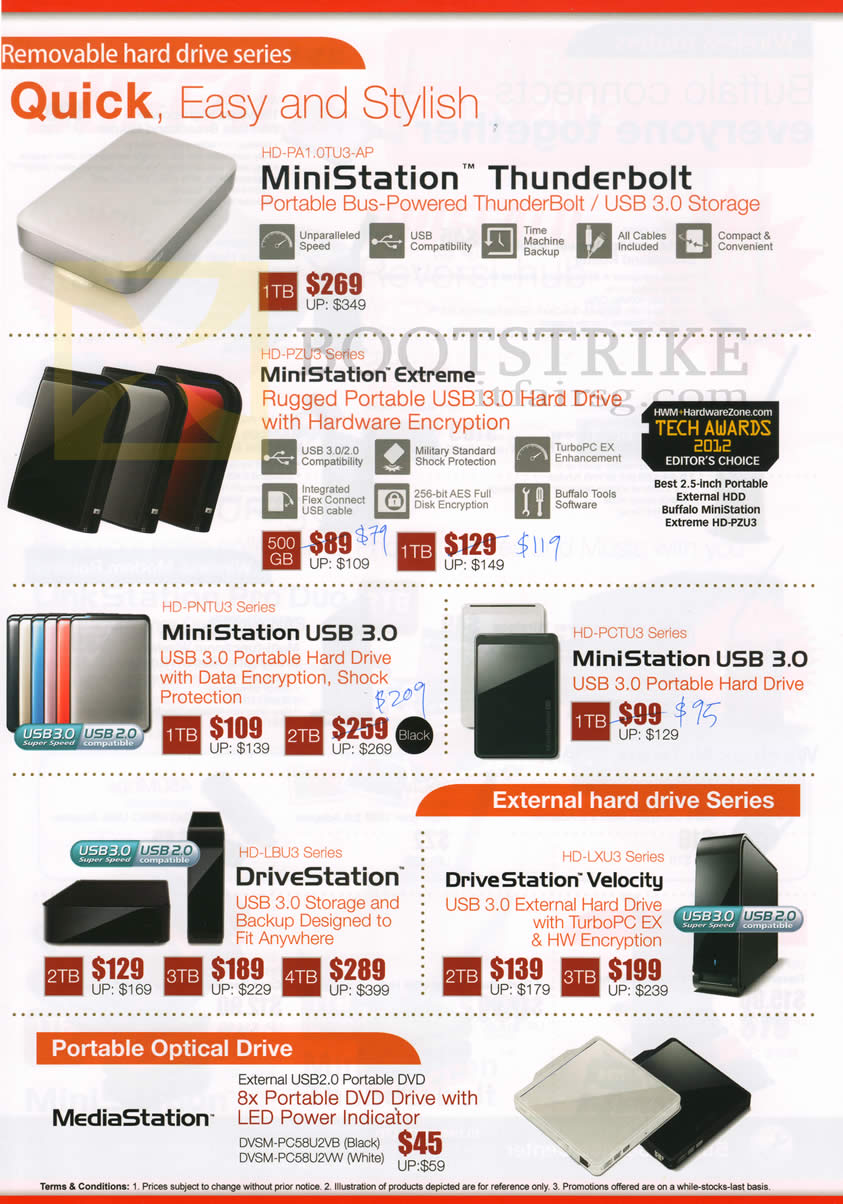SITEX 2012 price list image brochure of Buffalo External Storage MiniStation Thunderbolt, Extreme, USB 3.0, DriveStation, Velocity, MediaStation External Optical Drive