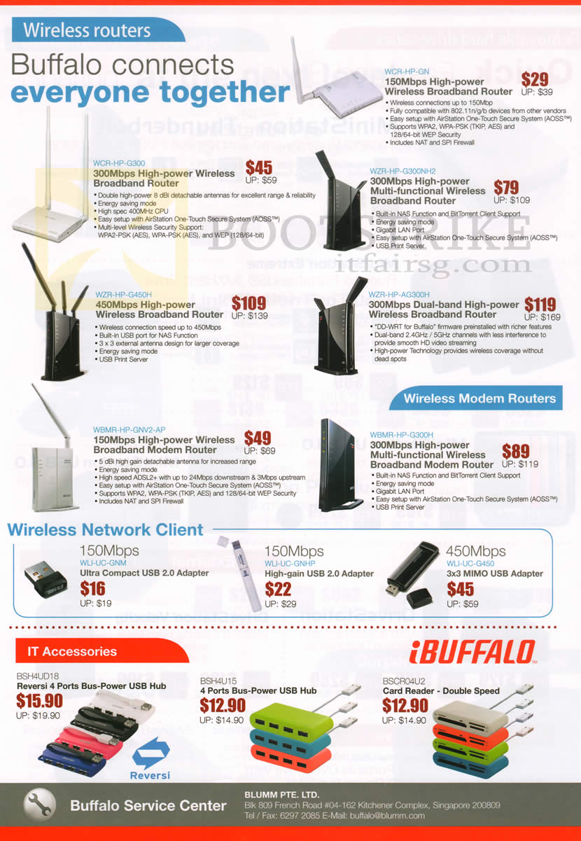 SITEX 2012 price list image brochure of Buffalo Networking Routers WCR HP G300 GN, WZR G300NH2 G450H AG300H, USB Adapters, USB Hub, Card Reader