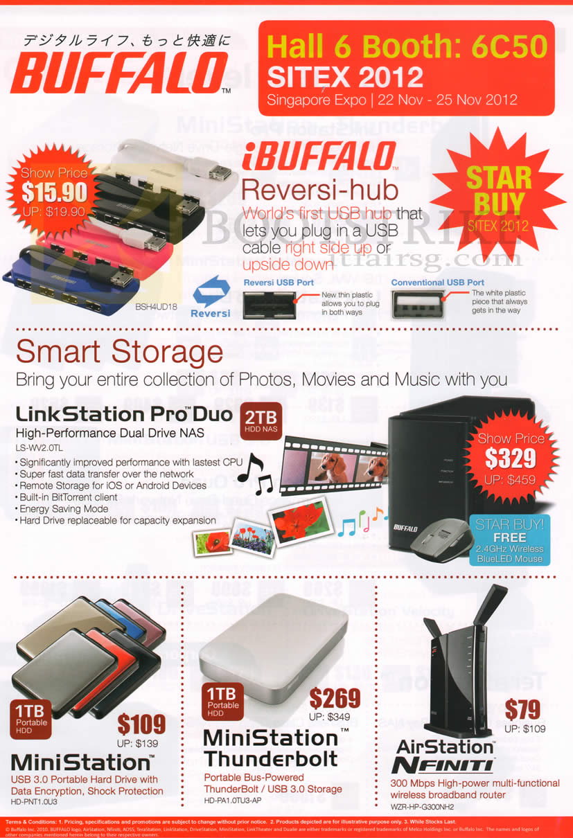 SITEX 2012 price list image brochure of Buffalo USB Hub IBuffalo, Reversi Hub, External Storage NAS LinkStation Pro Duo LS-WV2.0TL, MiniStation, Thunderbolt, AirStation Nfiniti Wireless Router