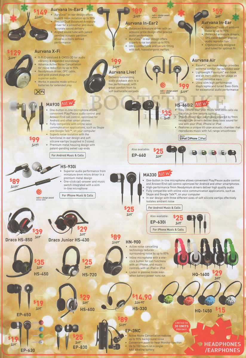 SITEX 2012 price list image brochure of C2O Creative Headphones Earphones Aurvana In-Ear3 In-Ear2 In-Ear X-Fi Live Air, MA930, HS-660i2, HS-930i, MA330, Draco HS-850 Junior HS-430, HN-900, EP 630 830 3NC
